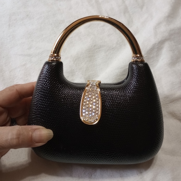 Isabella Adams Handbags - Vtg Isabella Adams Reptile Hard Case Purse Gold Handle Clasp Swarovski Crystal